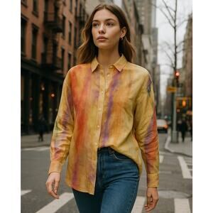 ZARA NWT Abstract Watercolor Linen Button Down Top Multicolor Artsy Oversized XL